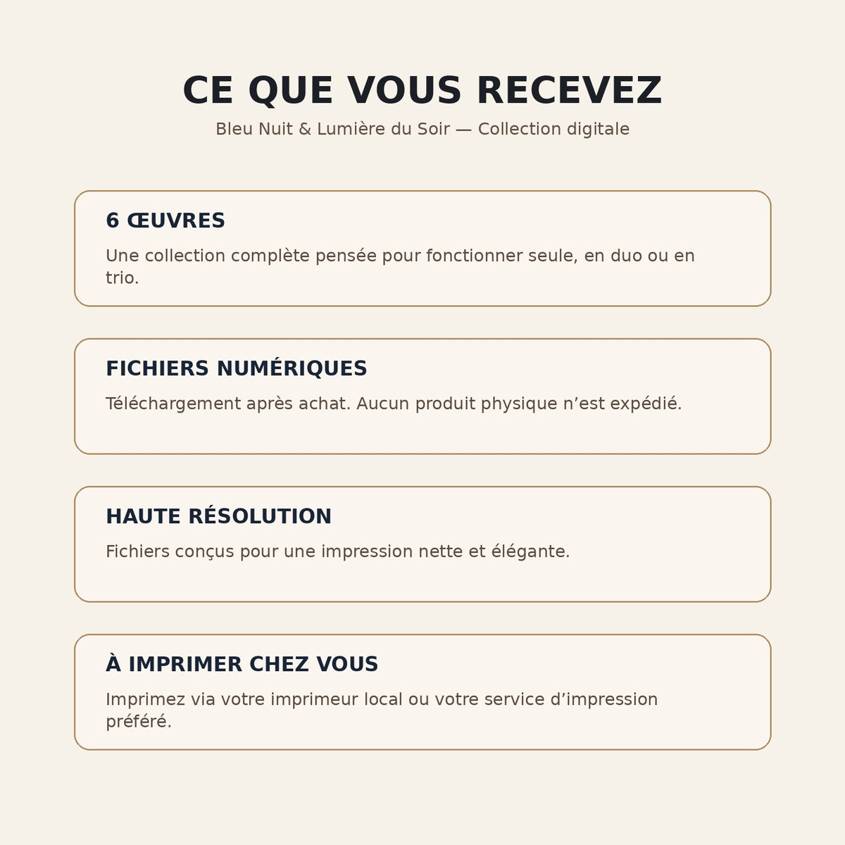 Bleu Nuit & Lumière du Soir — contenu du pack digital