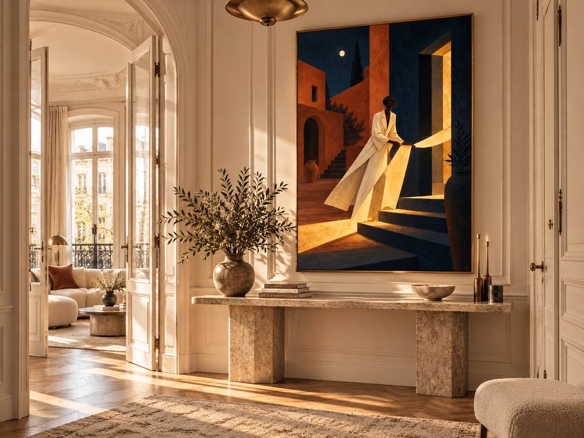 Bleu Nuit & Lumière du Soir — œuvre seule dans une entrée haussmannienne