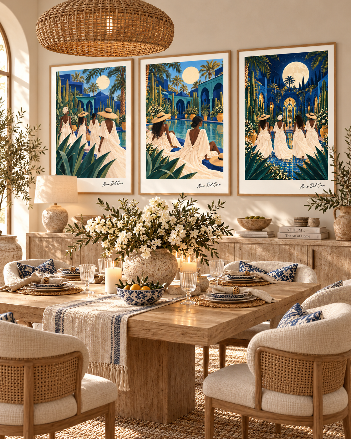 Les Jardins Bleus — trio d’œuvres dans une salle à manger lumineuse