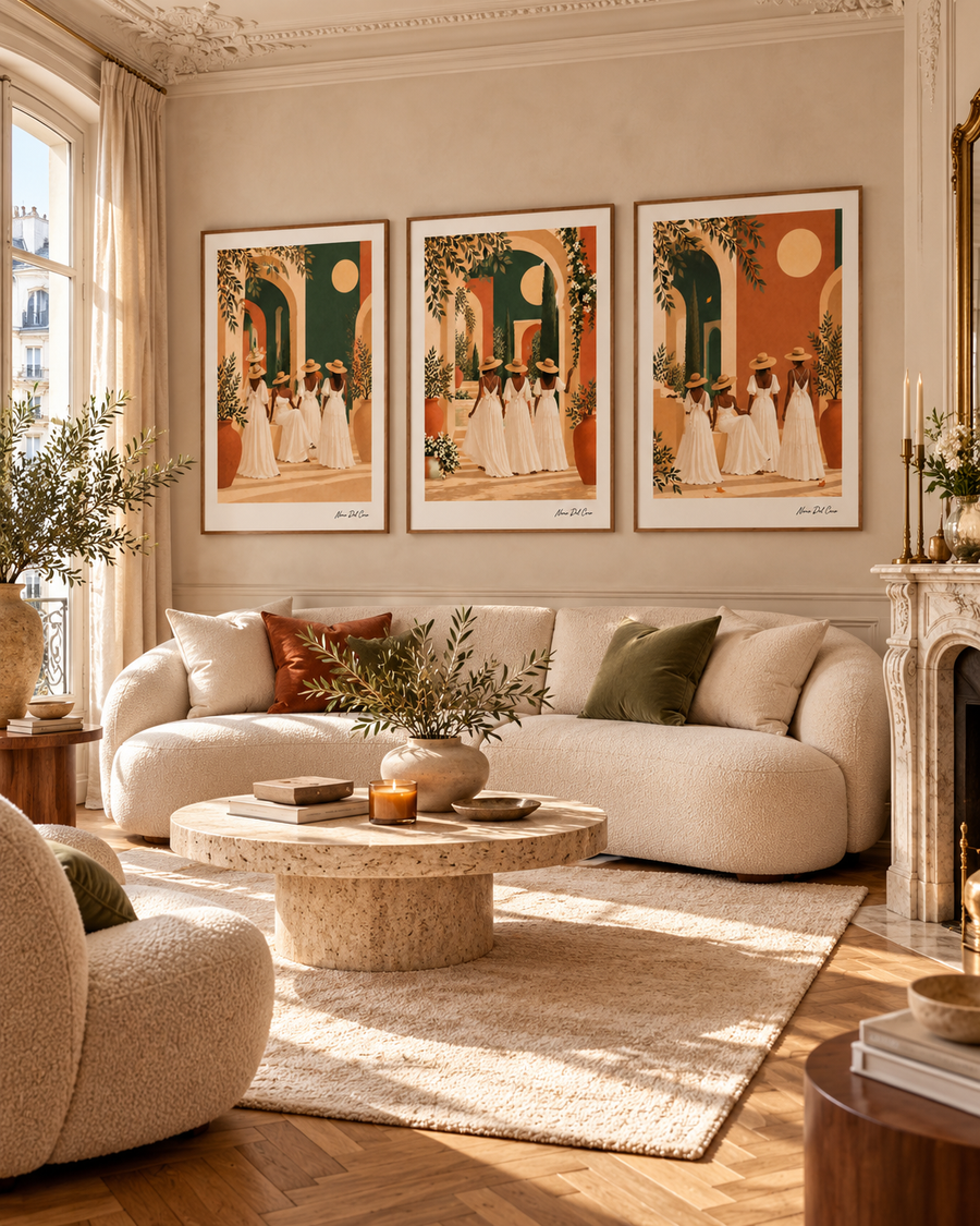 Terra & Soleil — trio d’œuvres dans un salon haussmannien lumineux